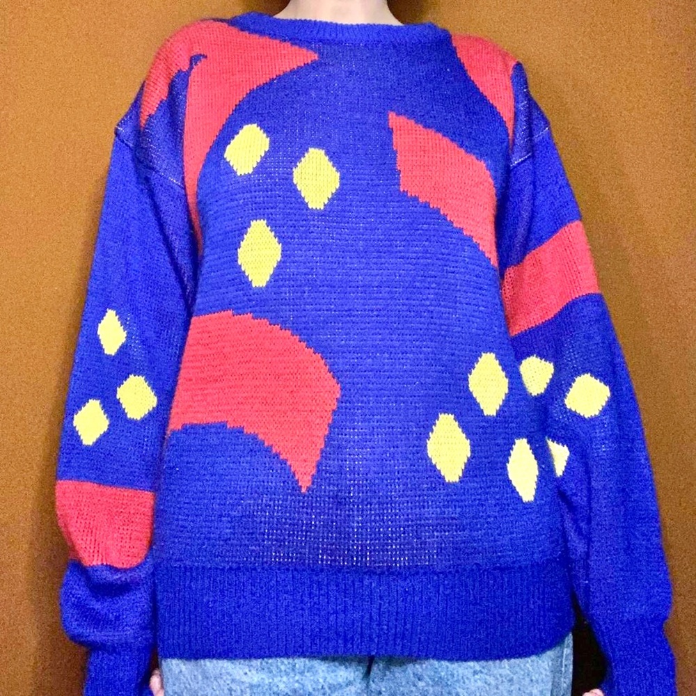 Vintage 90s bright blue, red & yellow abstract OP sweater 🌀